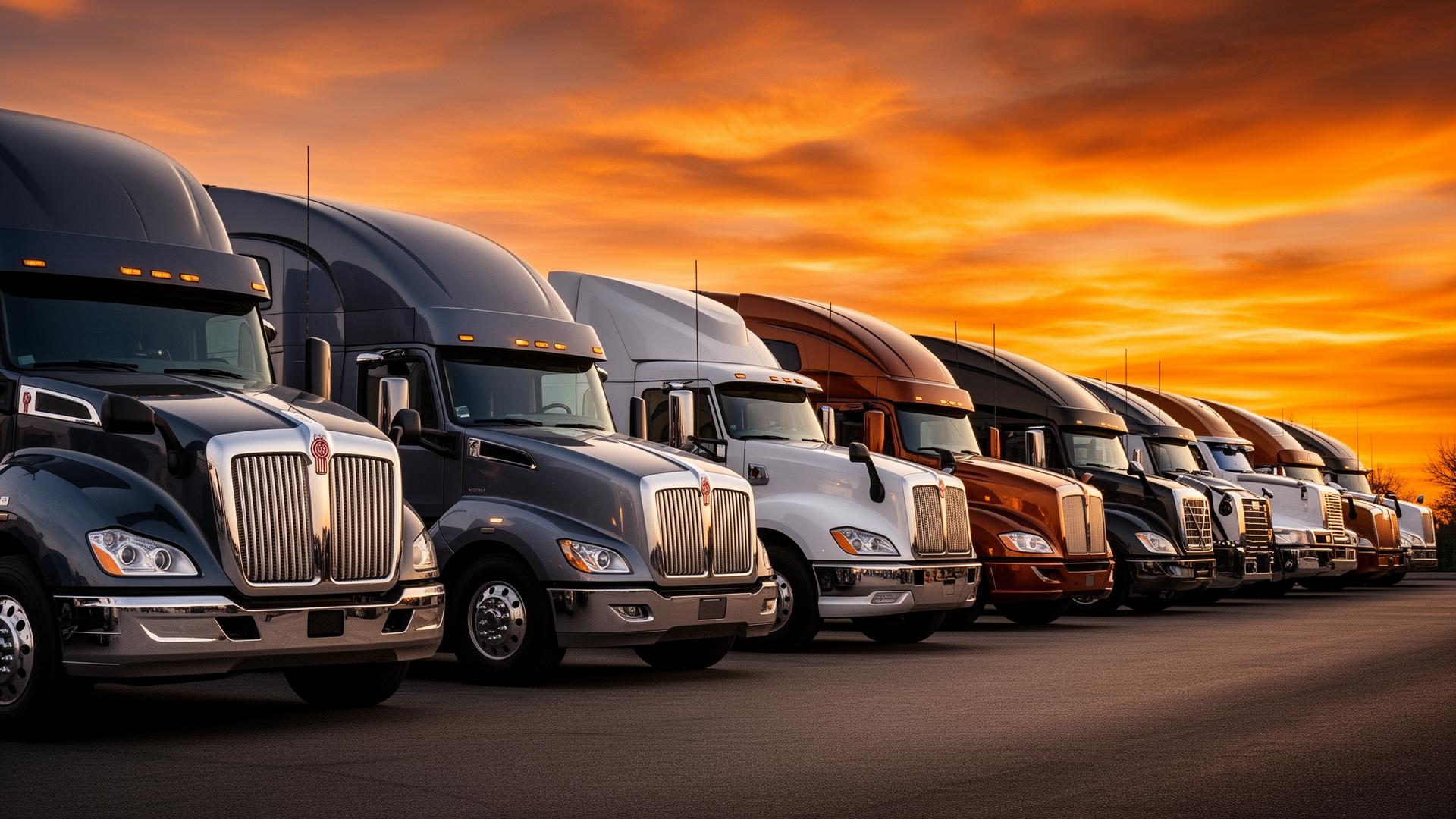 Lineup of diesel semi-trucks at golden hour